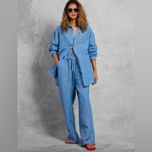 Mamene New Pleated Wide Leg Linen Pants Chambray Blue NWOT Size 2 Medium Large